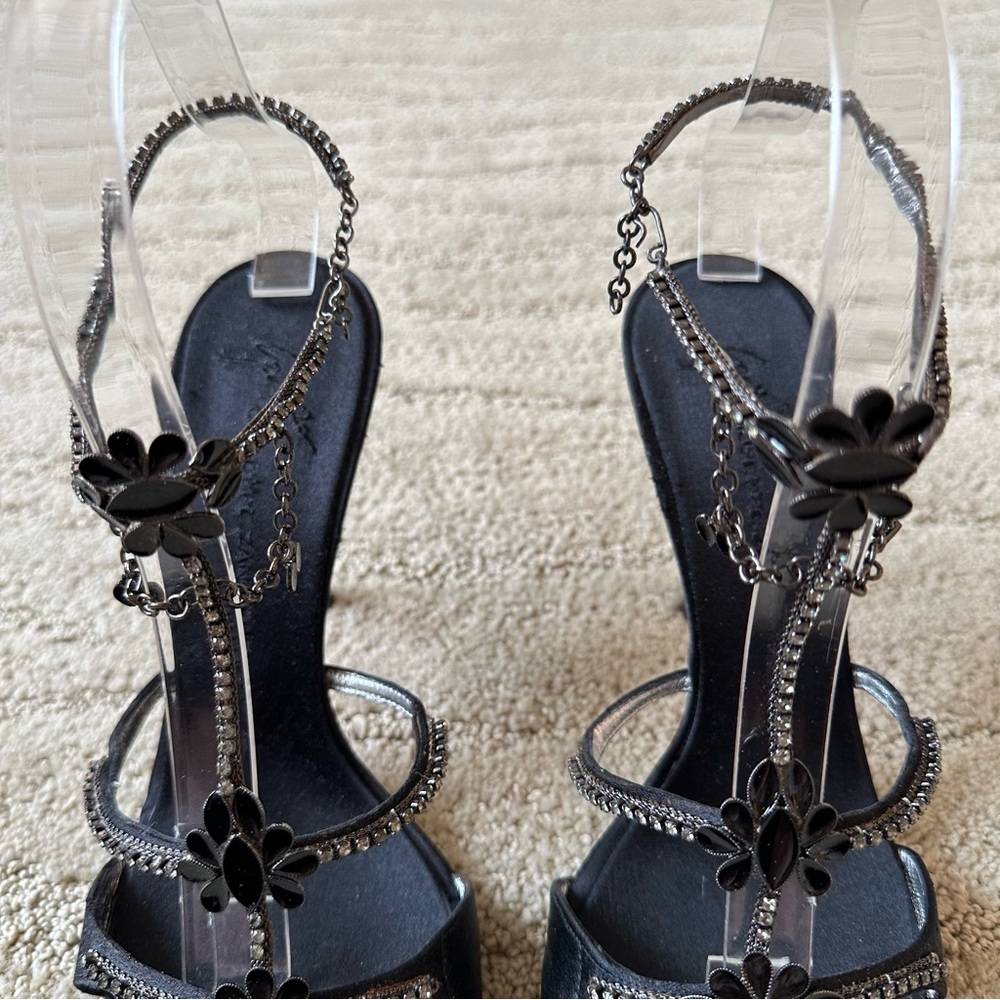 Giuseppe Zanotti Black Satin Rhinestone Enamel Anklet Heel Sandals IT 38.5 NIB - Picture 6 of 17